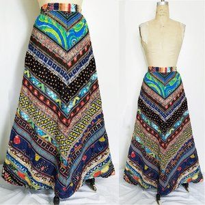 1970s Vintage Womens Patchwork Maxi A-line Skirt Hippie Boho M